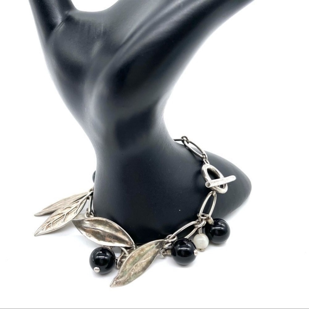 Sterling Silver 925 Leaf and Onyx Bracelet